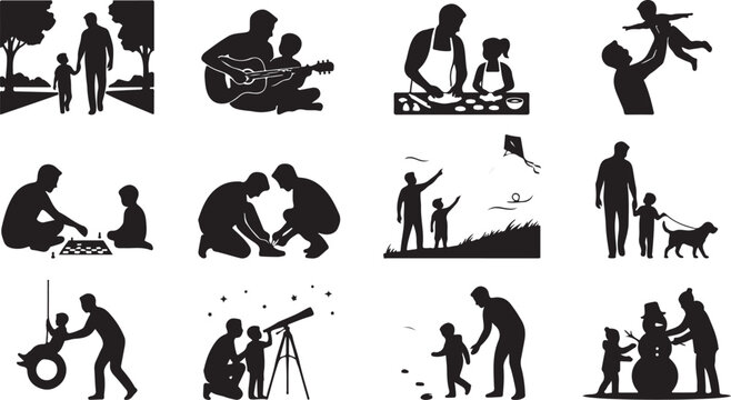A set of black silhouette showing various bonding activities and shared hobbies between a father and his child in different environments