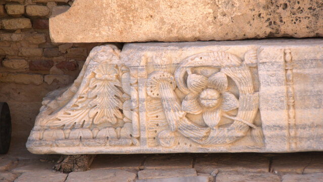 Carved stone in the courtyard of the Great Mosque of Kairouan, in the medina, in Kairouan, Tunisia
