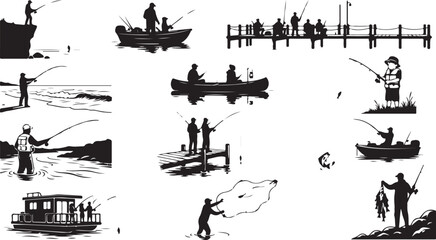 Fishing activity silhouettes set featuring people fishing from boats, piers, and shores with rods and nets on a white background © RobiulIslam