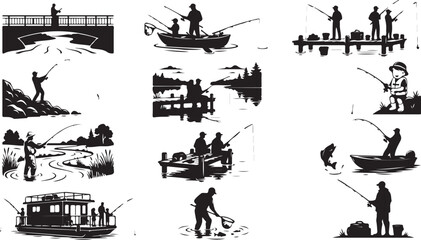 Fishing activity silhouettes collection featuring anglers on boats, docks, and bridges, with fishing rods and nets on white background © RobiulIslam