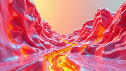 Fototapeta premium Abstract landscape. Flowing forms suggest canyons, lava, or liquid metal. Warm colors dominate, creating surreal scene.