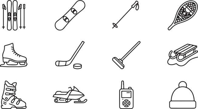 Collection of winter sports and outdoor activity featuring skiing, snowboarding, ice skating, and snowmobiling equipment set