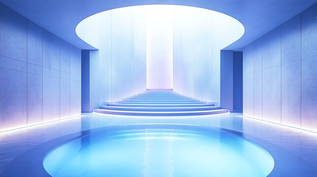 Futuristic Blue Hall with Glowing Stairs and Reflective Pool