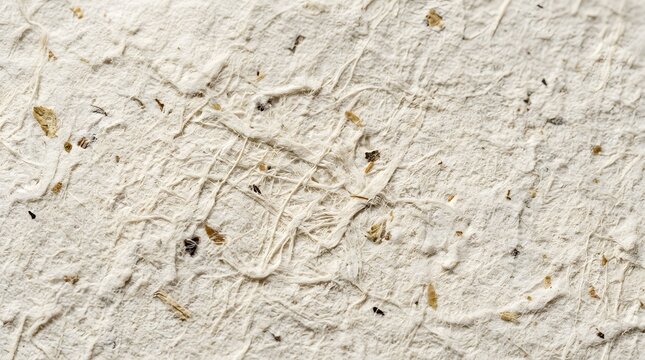 Close-up of recycled white paper texture with natural fibers and speckles. Eco-friendly unbleached craft surface for sustainable design projects.