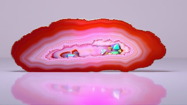 Geode section displays vibrant concentric bands. Interior reveals crystalline structures, pink hues, reflective surface. Dramatic lighting enhances texture.