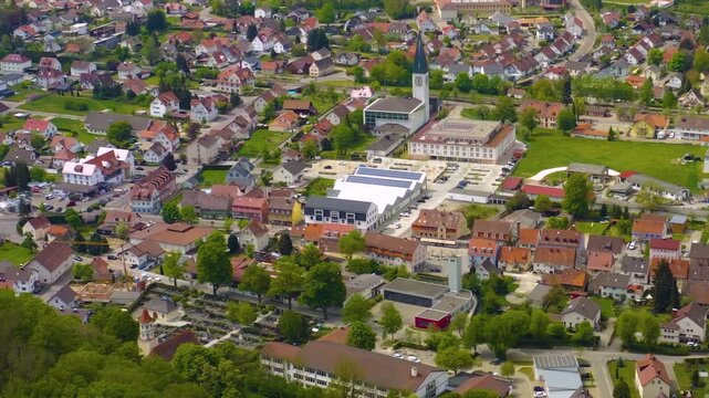 Aerial view around the old town altenstadt Iller, in south Germany on a sunny spring morning