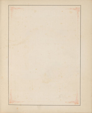 Vintage old book page texture background. Antique stained paper sheet with minimalist black and red line border frame and blank copy space type area for classic poem layout mockup template.