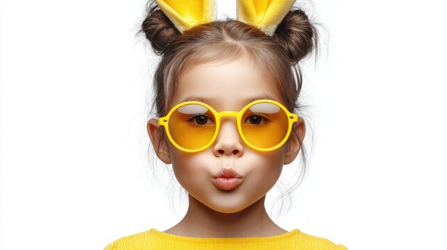 Cute little girl with yellow bunny ears and round sunglasses making a kissy face