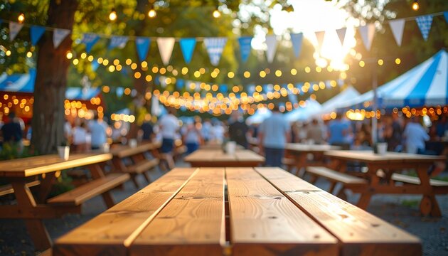 Wooden Picnic Table at Outdoor Festival with String Lights at Sunset