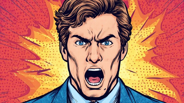 Comic book style illustration of an angry man yelling with a burst background.