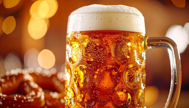 Cold Glass of Lager Beer with Pretzel in Warm Pub Setting