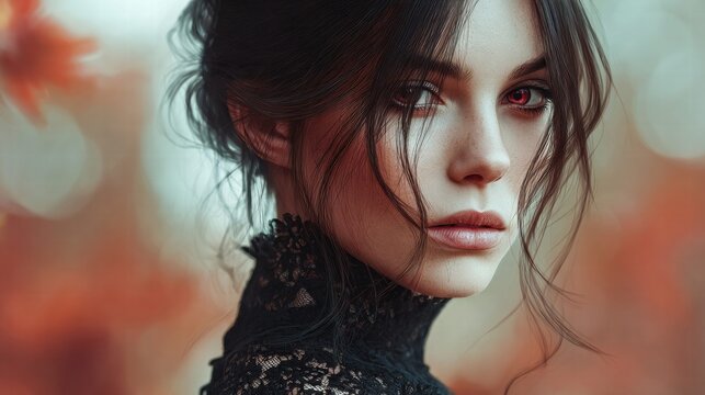 Mysterious woman with striking red eyes gazes intently at the viewer.
