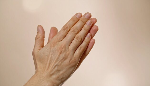 Close Up of Hands Clasped in Prayer on Neutral Background