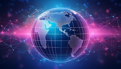 Naklejka premium Abstract Blue Globe With Connecting Lines And Dots With Wireframes On The Blue With Pink Lights Background