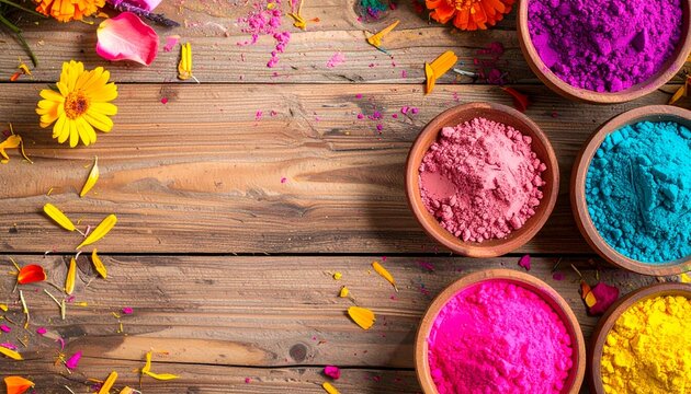 Colorful Holi Festival Powder and Petals on Rustic Wood Surface