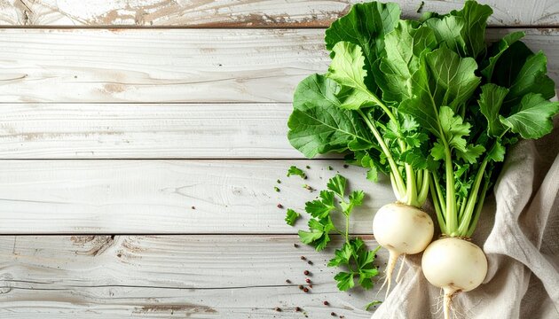 Fresh White Turnips with Green Leaves on Rustic Wood Table