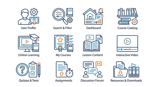 Twelve colored line icons representing online education elements including user profile, search, dashboard, course catalog, lessons, video, quizzes, assignments, and resources.