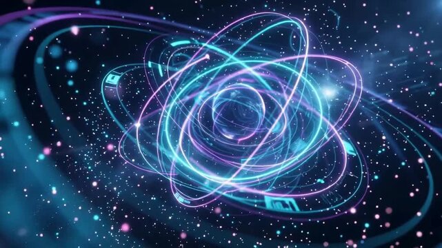 Quantum particle nucleus and abstract tech HUD loop video background.