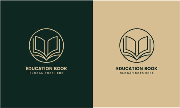 Education book logo design with open book icon and slogan