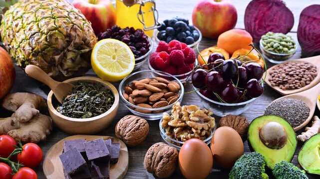 Variety of superfood products representing healthy diet