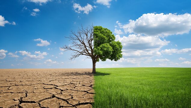 Before and After Climate Change, Dry Cracked Earth vs Green Land
