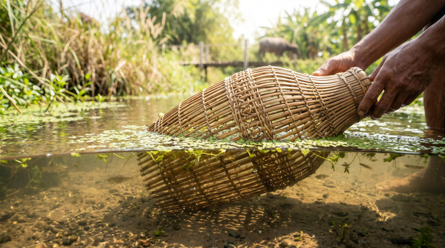 Hands placing traditional woven bamboo fish trap into clear shallow stream with underwater view