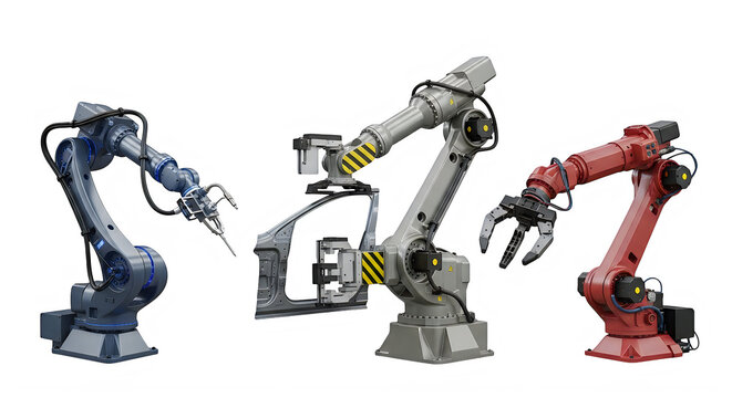 Industrial robotic arms welding handling and painting applications isolated on transparent background
