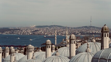 Traditional lead domes of an ancient building overlooking the Bosphorus strait in Istanbul © nash photography