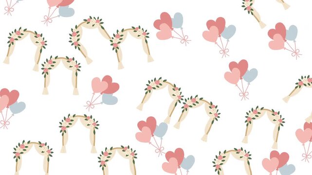 Floral wedding arches and heart balloons pattern design in soft pink and blue colors. Perfect for wedding invitations and stationery.