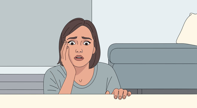 Woman with worried expression peeking over table