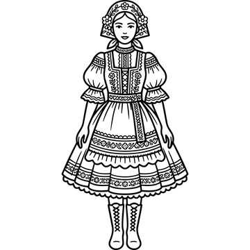 Woman in traditional folk dress line art.