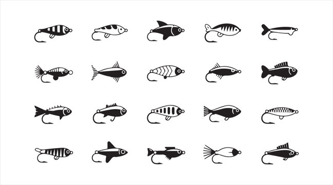 Fish Silhouette Icon Set Featuring Freshwater and Marine Species with Fishing Lure Symbols in Flat Vector Style