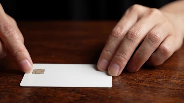 Close up of fingers and hand holding blank white chip card wooden table showing interaction and focus card surface with natural light and warm tone