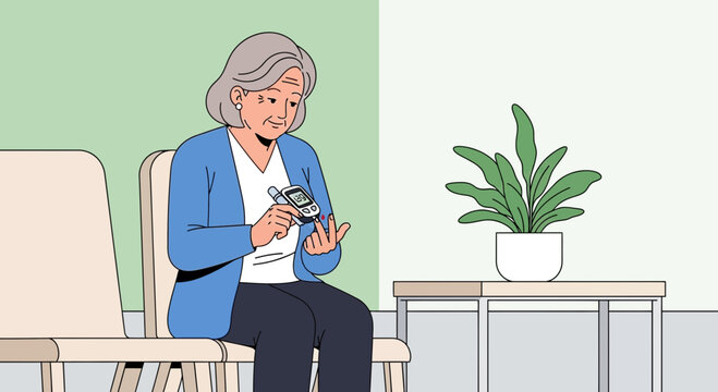 Senior Woman Checks Blood Sugar Levels With Glucose Meter Sitting in Waiting Room