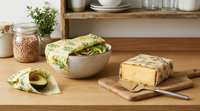 Eco-friendly food storage beeswax coating. Sustainable reusable preservative sheet. Zero-waste kitchen essential. Natural fabric impregnated with wax. Organic alternative for plastic-free lifestyle.