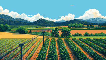 Vast agricultural landscape with neat rows of green crops stretching towards distant mountains under a bright blue sky, rendered in an anime art style.