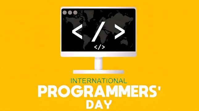 International Programmers Day graphic illustration banner featuring a computer monitor with code tags over a world map backdrop, set against a vibrant yellow background canvas.
