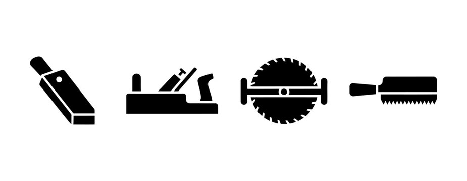 Set of woodworking tool icons featuring a hand plane circular saw blade and carpentry equipment silhouettes for manual craft design