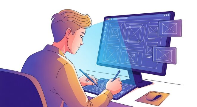 Web Designer Working on Digital Layout With Stylus and Tablet