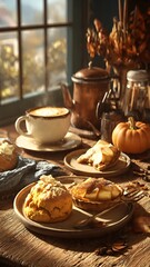 Fototapeta premium Cozy autumn morning with warm coffee and fresh baked pastries by the window.
