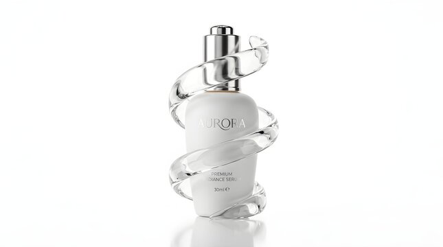 A sleek white serum bottle wrapped in elegant clear glass liquid ribbons