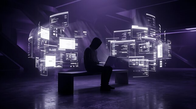 Anonymous hacker in a hoodie sitting with a laptop surrounded by floating digital screens and data interfaces in a dark purple futuristic environment for cybersecurity concepts