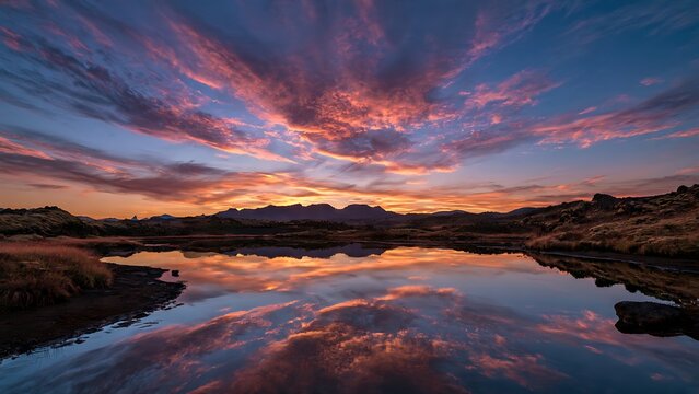 Dramatic sunset landscape with vibrant purple and orange clouds reflecting in a calm mountain lake.