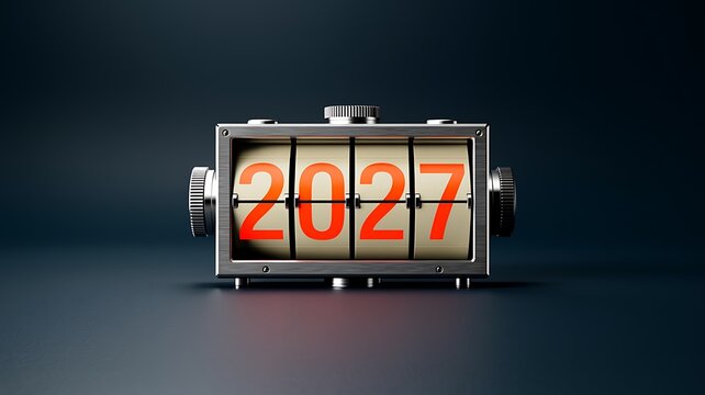Vintage flip clock showing year 2027 isolated on dark background, retro display with orange numbers, countdown concept, new year celebration anticipation, time passing.