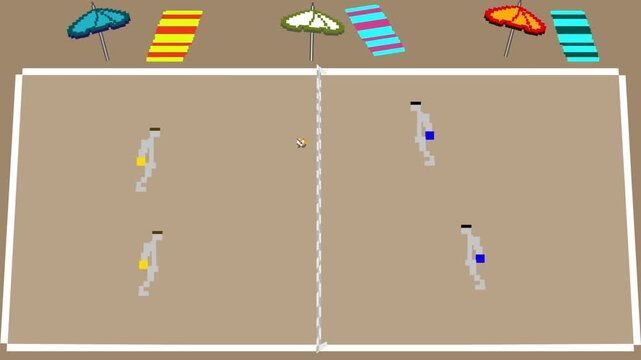 Pixel art style animation of a beach volleyball match with four players, art, vintage, game.