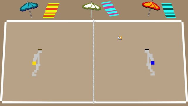 Pixel art style animation of a beach volleyball match with two players, art, vintage, game.