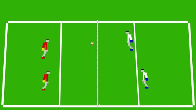 Pixel art style animation of a volleyball match with four players on a green background, art, vintage, game.