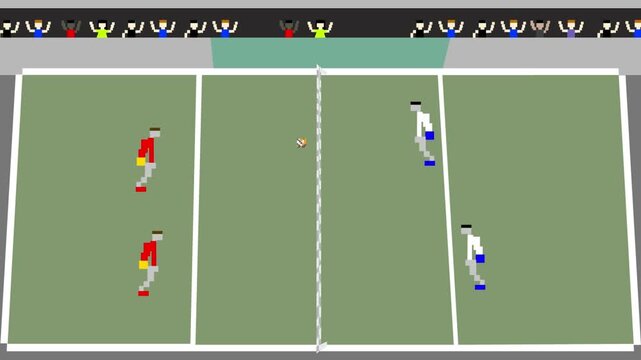 Pixel art style animation of a volleyball match with four players, art, vintage, game.