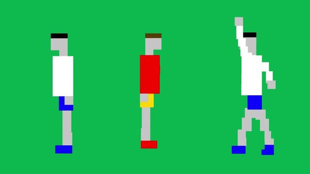 Pixel art style animation of three volleyball players in different poses on a green background, vintage, game, pixelated.