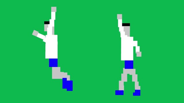 Pixel art style animation of two volleyball players in different poses on a green background, art, vintage, game, pixelated.